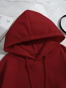 SHEIN EZwear Letter & Floral Print Drawstring Thermal Lined Hoodie - Red - View 6