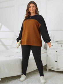 SHEIN Essnce Plus Two Tone Drop Shoulder Tee - Brown - View 5