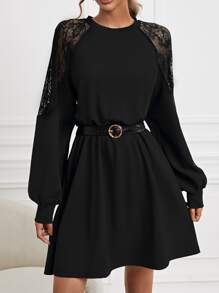 SHEIN Frenchy Contrast Lace Raglan Sleeve Dress Without Belt - Black - View 1