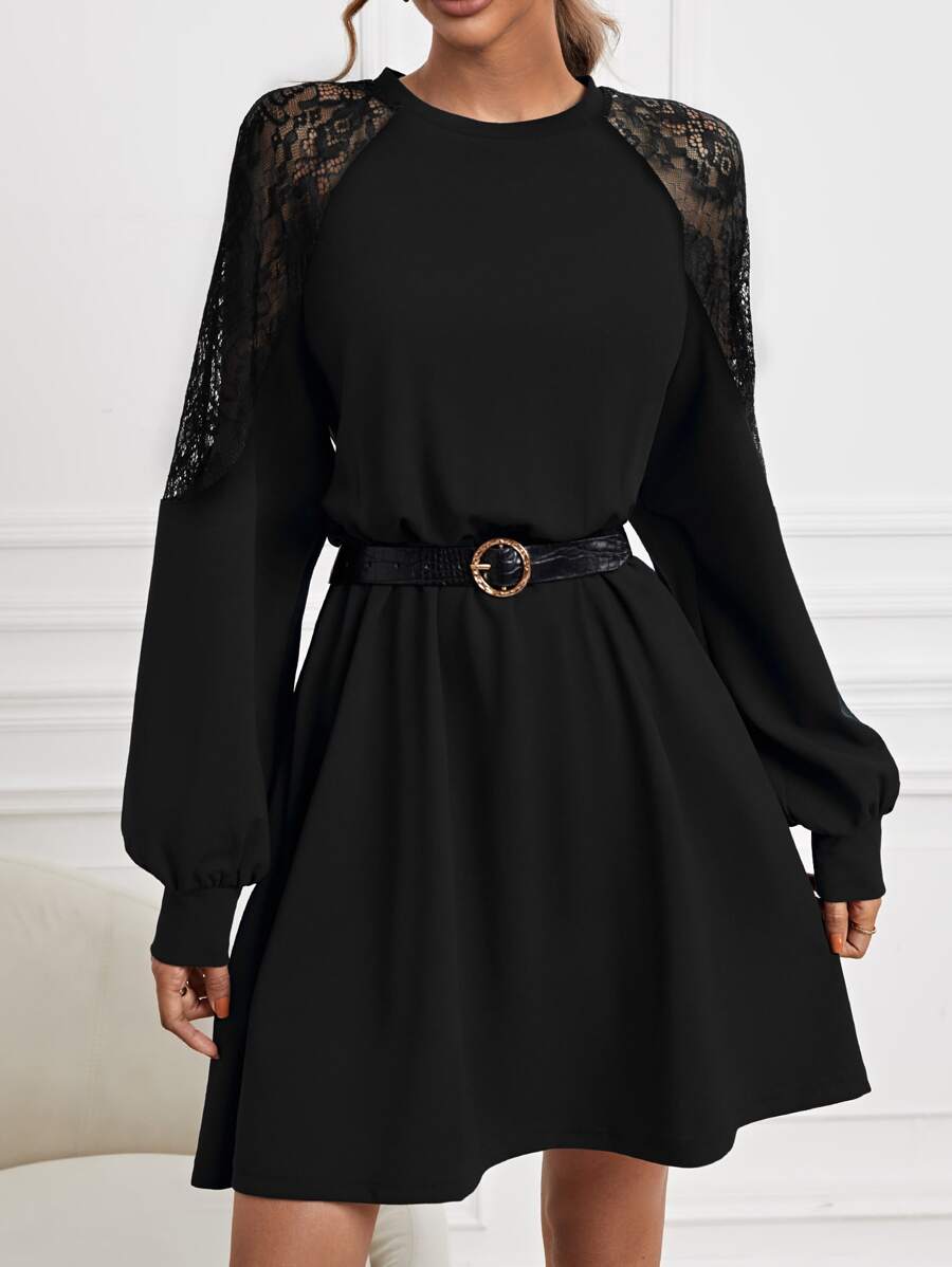 SHEIN Frenchy Contrast Lace Raglan Sleeve Dress Without Belt - Black - View 1
