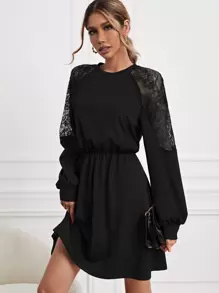 SHEIN Frenchy Contrast Lace Raglan Sleeve Dress Without Belt - Black - View 4