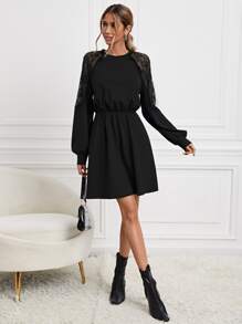 SHEIN Frenchy Contrast Lace Raglan Sleeve Dress Without Belt - Black - View 5