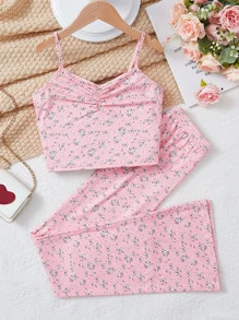 SHEIN 青少年女孩碎花褶邊吊帶上衣和褲子