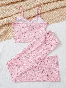 SHEIN 青少年女孩碎花褶邊吊帶上衣和褲子