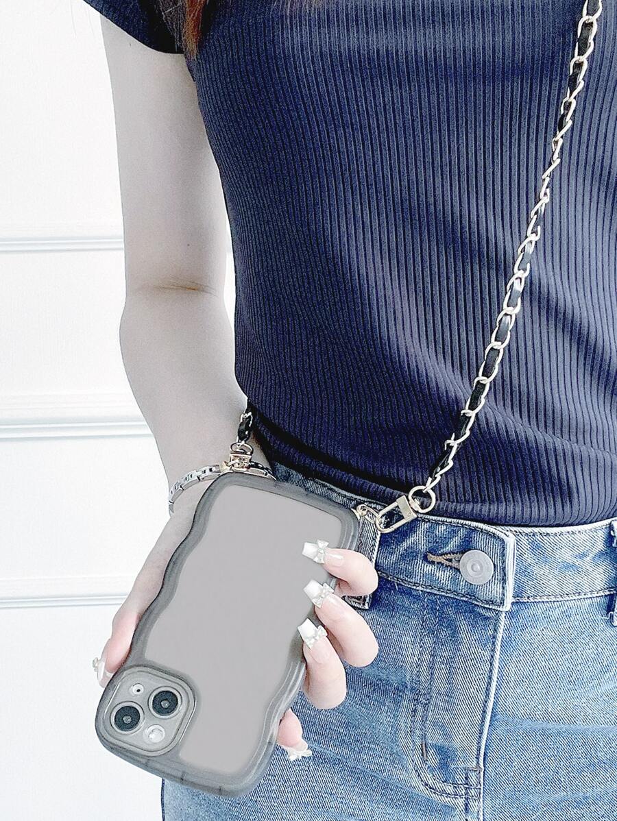 带手机吊饰的透明手机壳，配有链式挂绳 - 黑色 - 查看 1