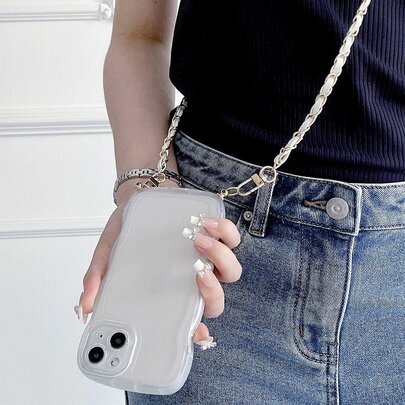 合金奢华挂绳式透明波浪纹手机壳，配金色金属链可拆卸挂绳，防水防震防摔防刮，春季生日派对礼物