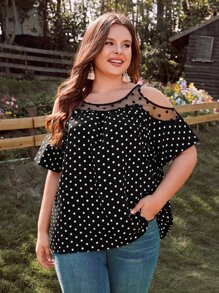 SHEIN Clasi Plus Polka Dot Contrast Mesh Cold Shoulder Blouse - Black - View 1