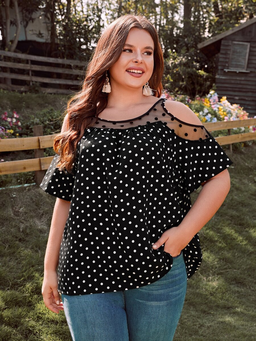 SHEIN Clasi Plus Polka Dot Contrast Mesh Cold Shoulder Blouse - Black - View 1