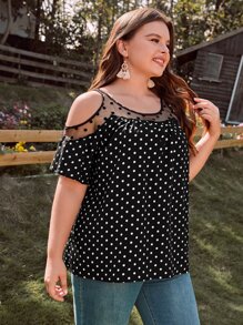 SHEIN Clasi Plus Polka Dot Contrast Mesh Cold Shoulder Blouse - Black - View 3