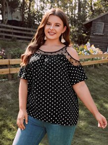 SHEIN Clasi Plus Polka Dot Contrast Mesh Cold Shoulder Blouse - Black - View 4