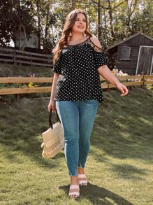 SHEIN Clasi Plus Polka Dot Contrast Mesh Cold Shoulder Blouse - Black - View 6