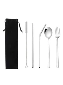 5pcs Stainless Steel Cutlery Set & 1pc Bag - Silver - View 1