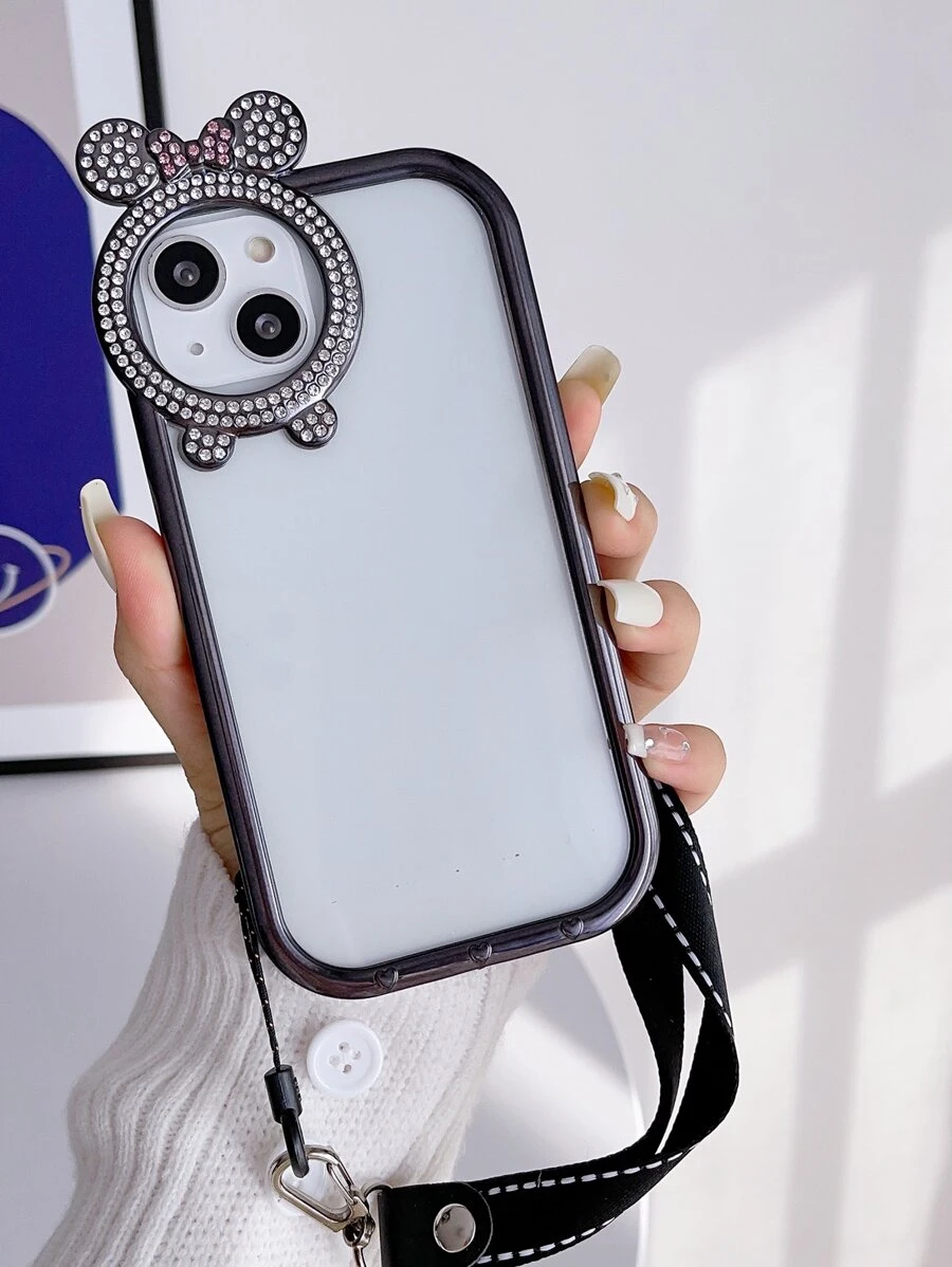 1pc Clear Rhinestone Bow Decor Phone Case With Lanyard - Black - View 1