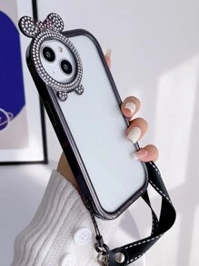1pc Clear Rhinestone Bow Decor Phone Case With Lanyard - Black - View 2