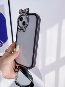 1pc Clear Rhinestone Bow Decor Phone Case With Lanyard - Black - View 3