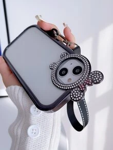 1pc Clear Rhinestone Bow Decor Phone Case With Lanyard - Black - View 4