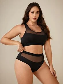 Set De Lencería Brasier Con Malla En Contraste Y Panty - Negro - Ver 3
