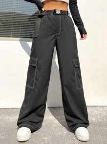 SHEIN EZwear 頂針腰帶側翻蓋口袋工裝褲