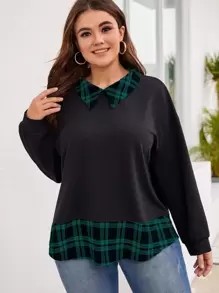 SHEIN LUNE Plus Plaid Print Drop Shoulder 2 In 1 Sweatshirt - Green - View 1