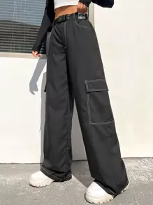 SHEIN EZwear 頂針腰帶側翻蓋口袋工裝褲