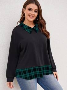 SHEIN LUNE Plus Plaid Print Drop Shoulder 2 In 1 Sweatshirt - Green - View 5