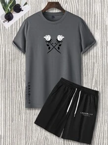 Manfinity Homme 男士花卉圖案和日文字元圖案T恤和腰部抽繩短褲 - 彩色 - 查看 3