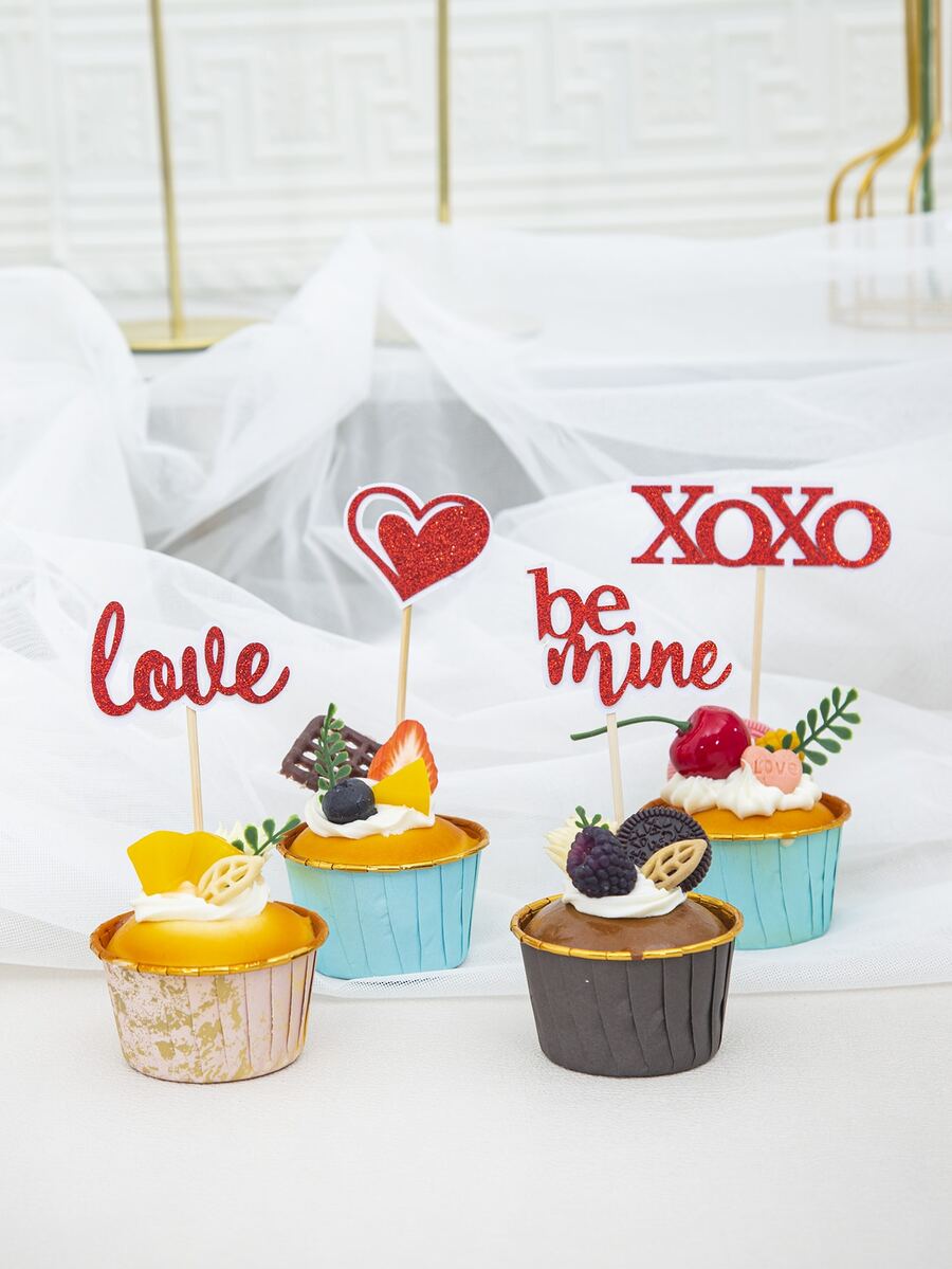 4pcs Valentine's Day Heart & Letter Shaped Cake Topper - Multicolor - View 1