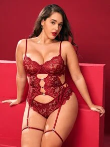 Plus Floral Lace Rhinestone Decor Cutout Underwire Garter Lingerie Set - Burgundy - View 1