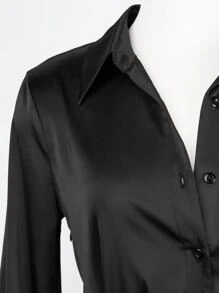 SHEIN BAE 素色褶邊鬱金香下擺緞面襯衫連衣裙 - 黑色 - 查看 6