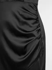 SHEIN BAE 素色褶邊鬱金香下擺緞面襯衫連衣裙 - 黑色 - 查看 7