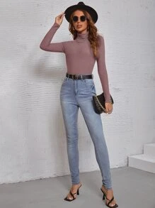 SHEIN Essnce Solid Turtleneck Bodysuit - Mauve Purple - View 3