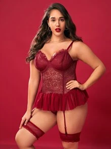 Classic Sexy 大碼花卉蕾絲荷葉邊吊帶襪緊身套裝