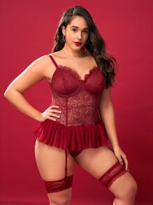 Classic Sexy 大碼花卉蕾絲荷葉邊吊帶襪緊身套裝