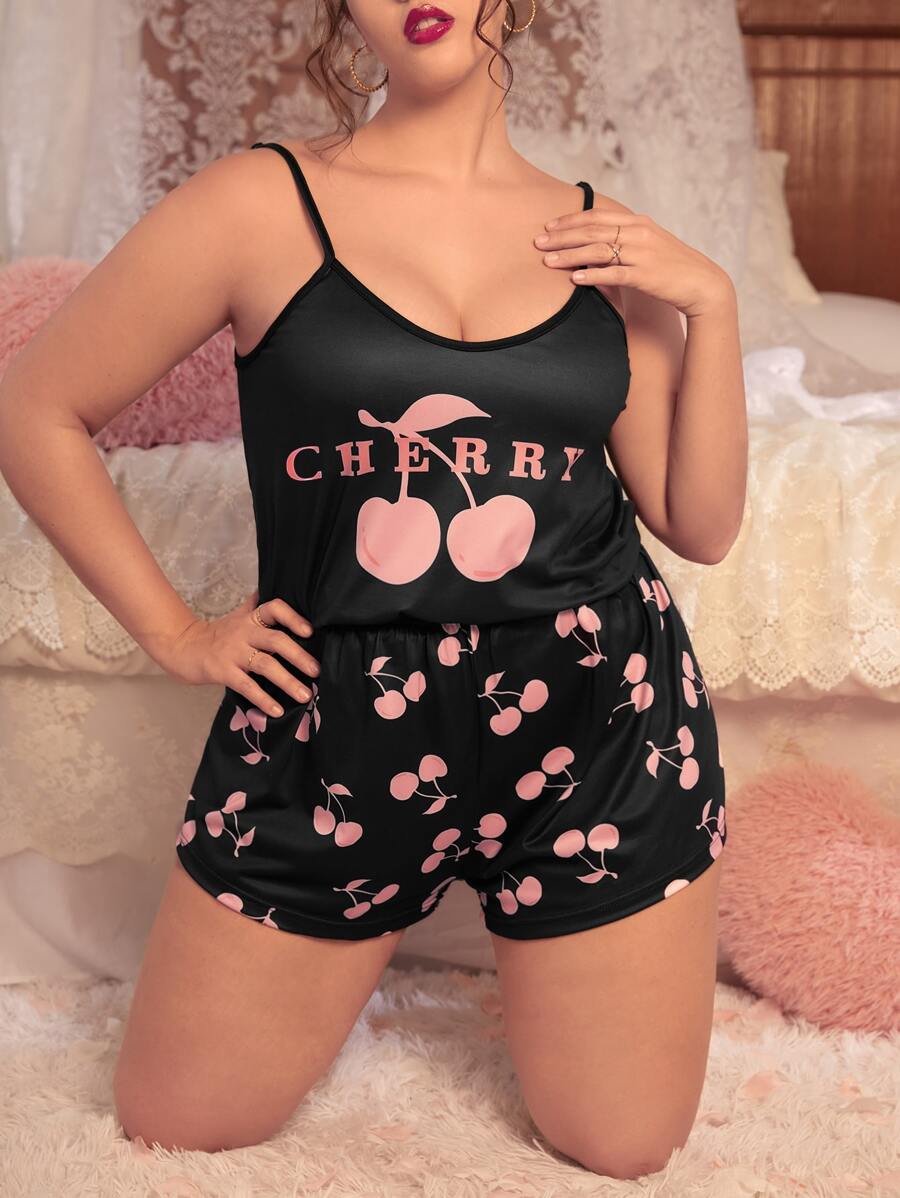 Conjunto de pijama shorts con top de tirantes con cereza & con estampado de letra - Negro - Ver 1