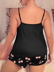 Conjunto de pijama shorts con top de tirantes con cereza & con estampado de letra - Negro - Ver 2