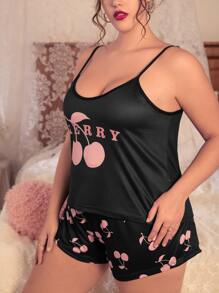 Conjunto de pijama shorts con top de tirantes con cereza & con estampado de letra - Negro - Ver 4