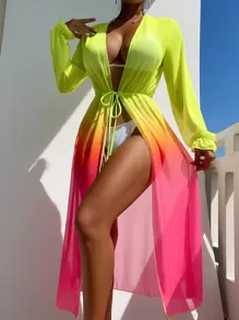 SHEIN Swim Summer Beach Ombre Mesh Tie Front Kimono - Multicolor - View 1