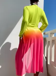SHEIN Swim Summer Beach Ombre Mesh Tie Front Kimono - Multicolor - View 2