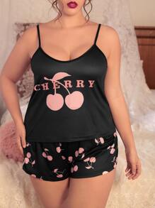 Conjunto de pijama shorts con top de tirantes con cereza & con estampado de letra - Negro - Ver 5