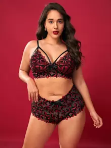 Plus Floral Print Cut Out Lingerie Set - Multicolor - View 1