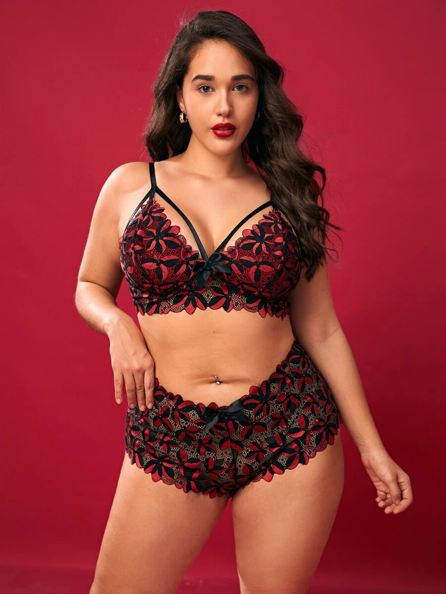 Plus Floral Print Cut Out Lingerie Set - Multicolor - View 1