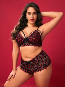 Plus Floral Print Cut Out Lingerie Set - Multicolor - View 3