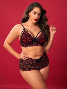 Plus Floral Print Cut Out Lingerie Set - Multicolor - View 4