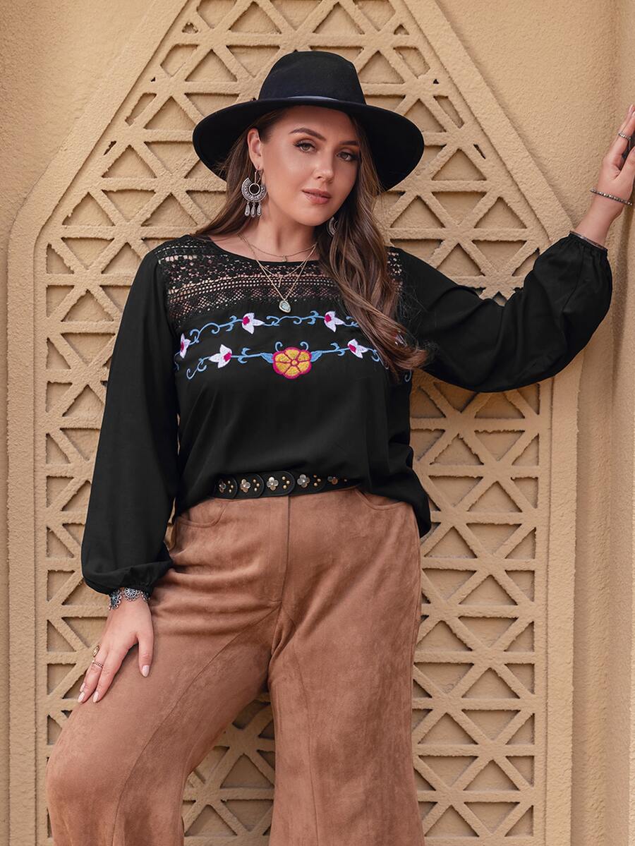 Rusttydustty Plus Floral Embroidery Contrast Lace Lantern Sleeve Blouse - Black - View 1