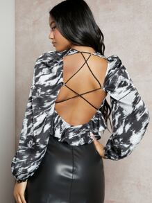 SHEIN BAE Tie Dye Ruffle Hem Tie Front Satin Top - Black and White - View 2