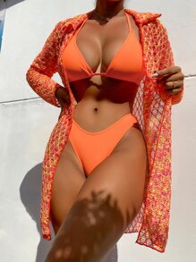 SHEIN Swim 夏季海灘三入組連頸三角比基尼套裝和地形圖印花和服泳衣 - 橘色 - 查看 1