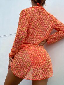 SHEIN Swim 夏季海灘三入組連頸三角比基尼套裝和地形圖印花和服泳衣 - 橘色 - 查看 2