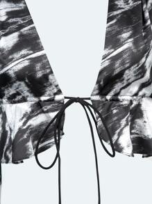 SHEIN BAE Tie Dye Ruffle Hem Tie Front Satin Top - Black and White - View 7