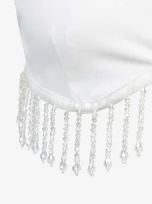 SHEIN BAE Beaded Fringe Hem Cut Out Shoulder Crop Top - White - View 8