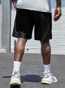 Manfinity Homme Hombres Shorts con estampado de letra de cintura con cordón - Negro - Ver 2